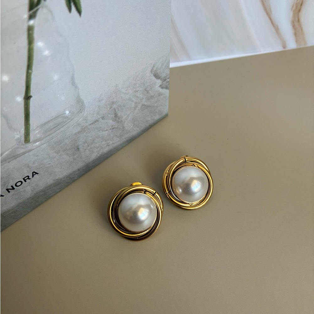 Gold-Tone Pearl Button Earrings - Classic White Pearlescent Studs